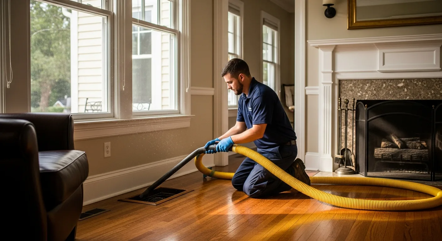 The Shipyard Sneeze: Why Newport News Homes Trap More Than Just Dust Duct cleaning technician vacuuming a floor vent inside a historic Hilton Village home in Newport News
