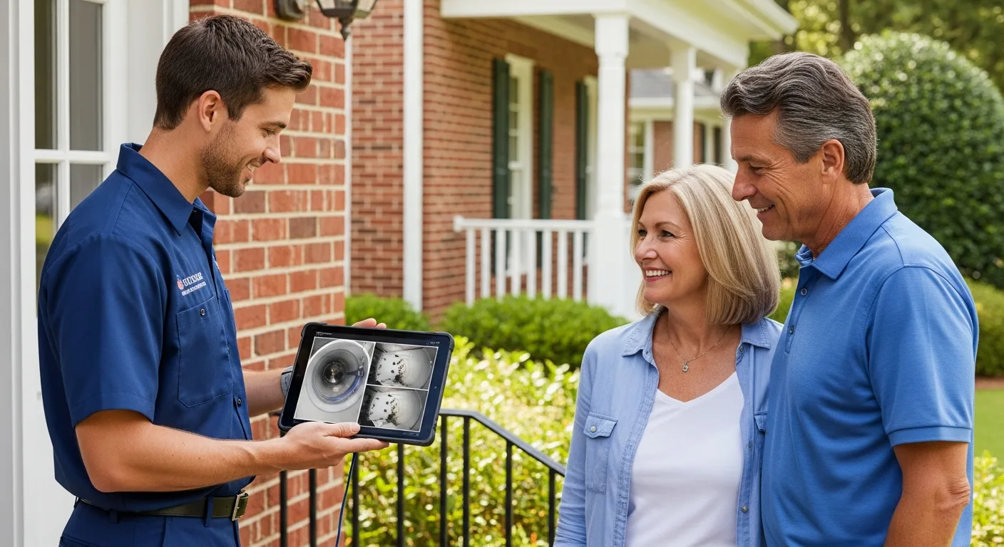 The $99 Special Trap: Why Transparent Pricing Matters for Virginia Beach & Williamsburg Homeowners Universal technician showing before-and-after duct inspection photos on a tablet to a Virginia Beach couple at their front door