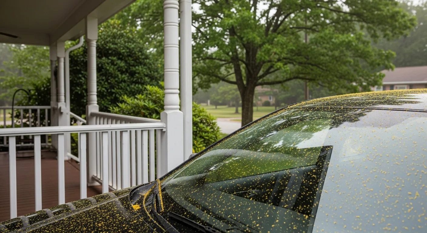 Front porch railing and car windshield coated in yellow-green spring pollen outside a Hampton Roads home