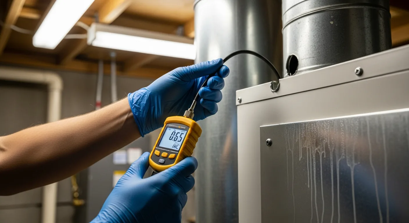 The Peninsula’s “Silent System Killer”: Is Your Ductwork Starving Your AC? Technician measuring static pressure at a Peninsula home’s air handler with a digital manometer