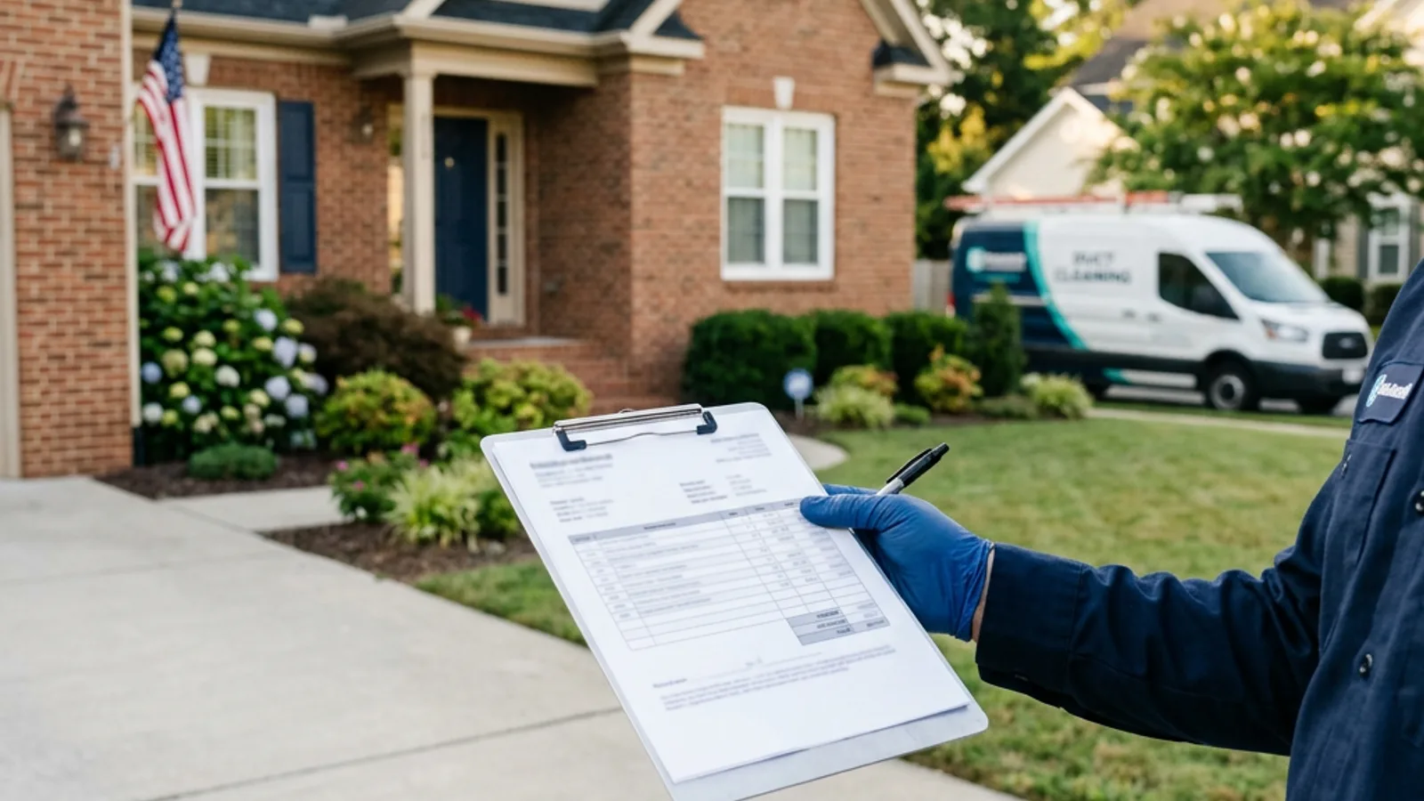 Air Duct Cleaning Costs in Hampton Roads (2026 Price Guide for VB, Chesapeake, Norfolk & Beyond) Duct cleaning technician handing a homeowner a printed upfront price quote outside a brick Hampton Roads home with a service van in the driveway