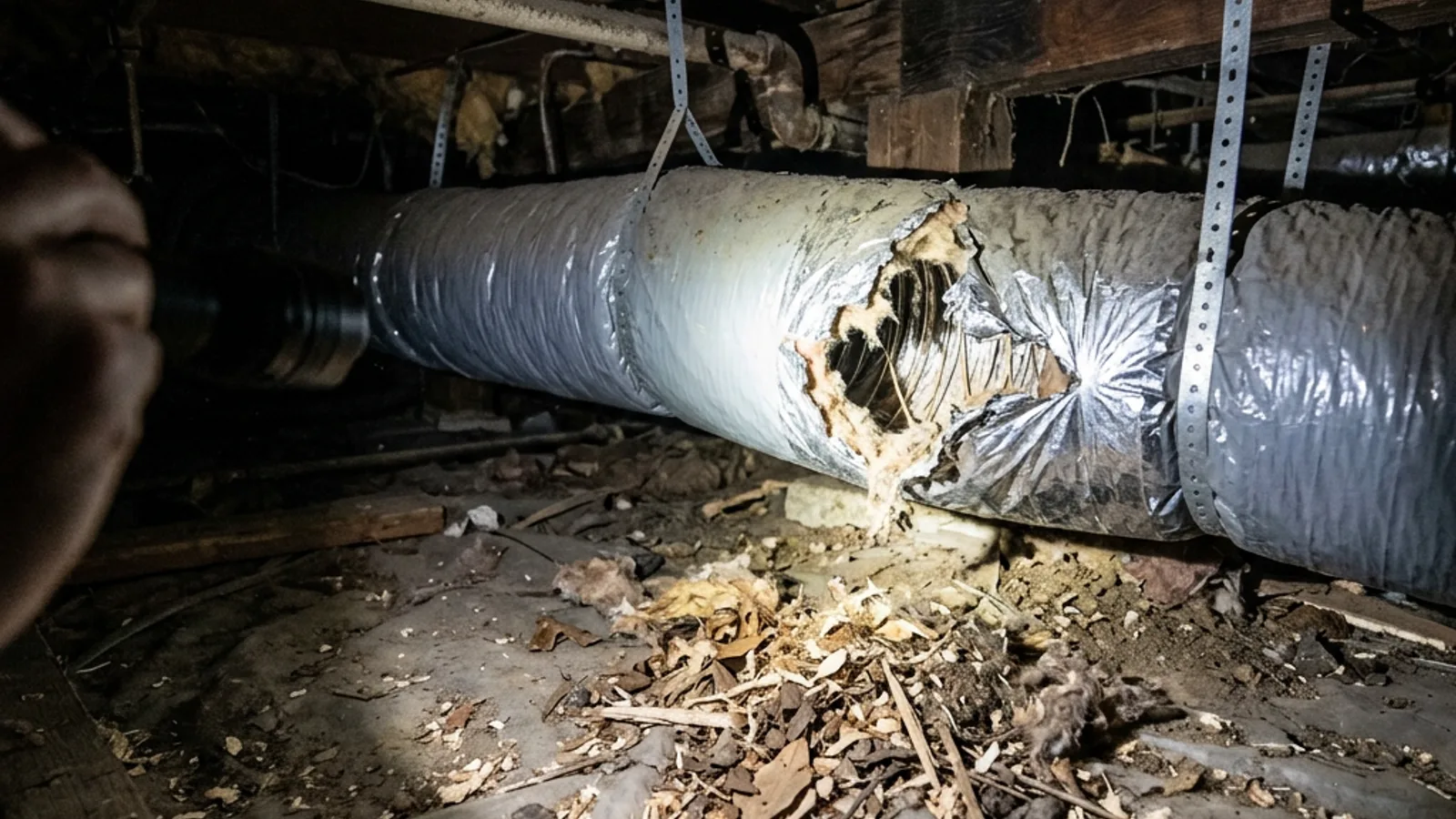 Cost to Clean, Sanitize, and Repair Air Ducts After Rodent or Pest Damage in Hampton Roads Flashlight beam revealing a chewed tear and nesting debris on a flexible air duct inside a dark Hampton Roads crawl space