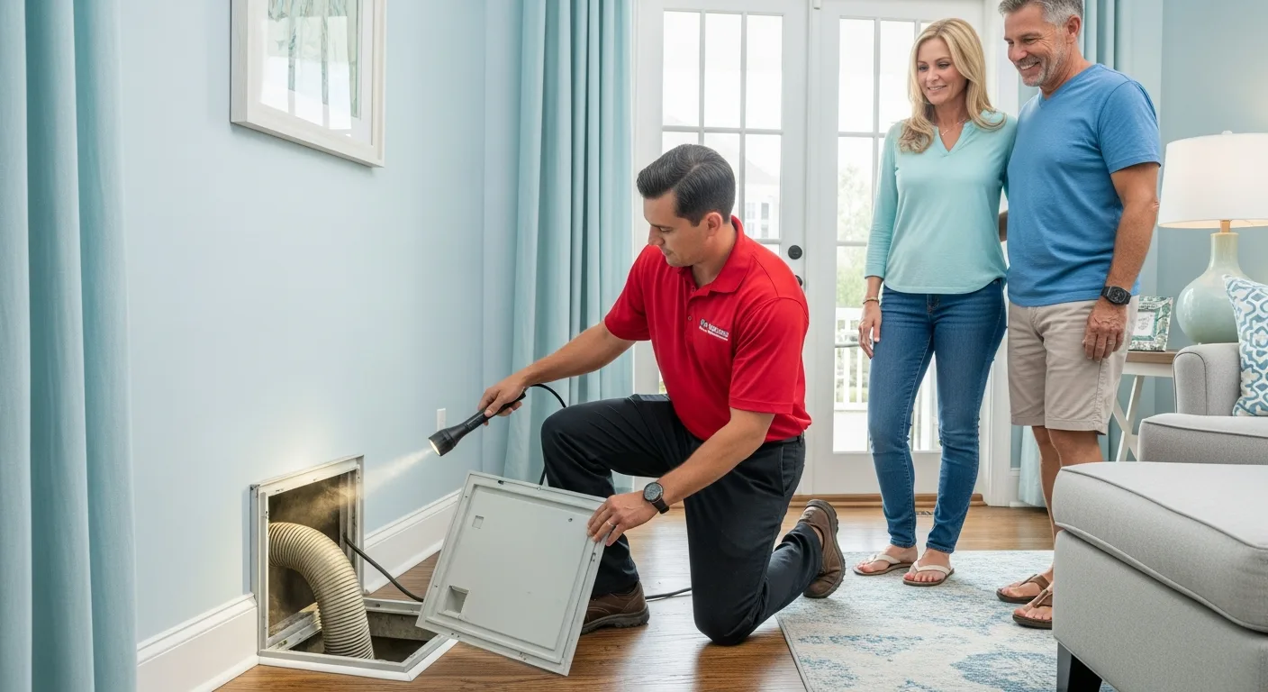 How Often Should I Have My Home's Air Ducts Cleaned? A Virginia Beach & Chesapeake Guide Duct cleaning technician shining a flashlight into an open wall duct while a Virginia Beach couple watches in their coastal living room