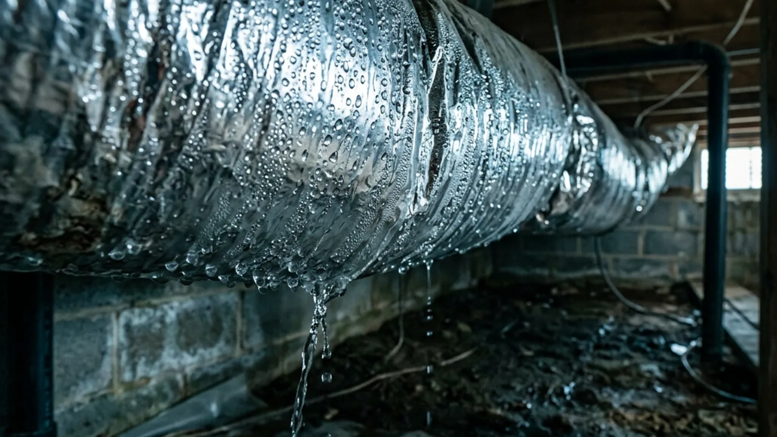Sweating Ducts & Crawl Space Moisture: Air Duct Cleaning & Sealing Costs in Coastal Virginia Condensation beading and dripping from a cold insulated HVAC duct in a humid vented crawl space beneath a coastal Virginia home