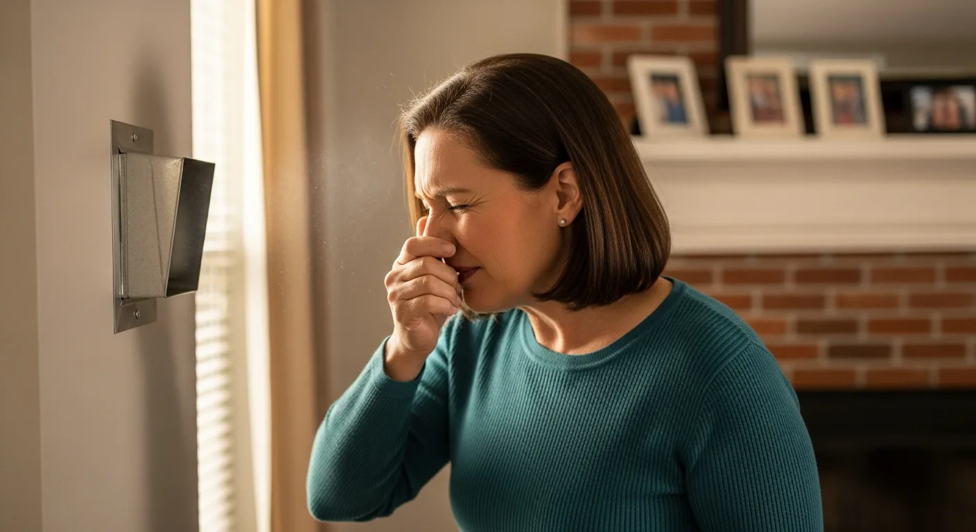 What Is That Smell Coming Out of My Air Ducts? A Suffolk Homeowner's Guide Suffolk homeowner covering her nose as a bad smell drifts out of a metal air duct vent on her living room wall