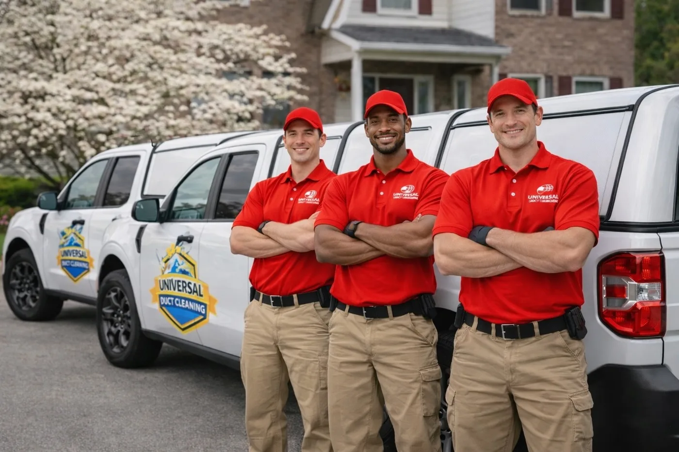 Universal Duct Cleaning crew standing beside their branded service trucks in Hampton Roads