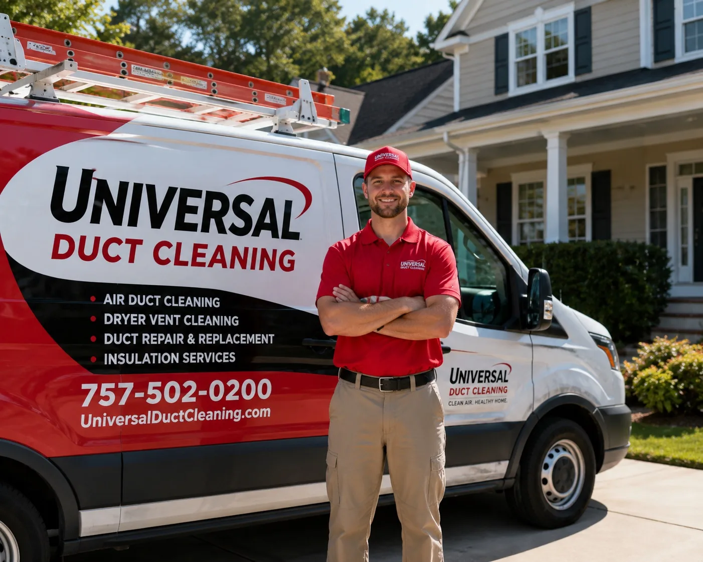 Universal Duct Cleaning technician standing in front of a lettered company van before air duct cleaning in Norfolk, VA