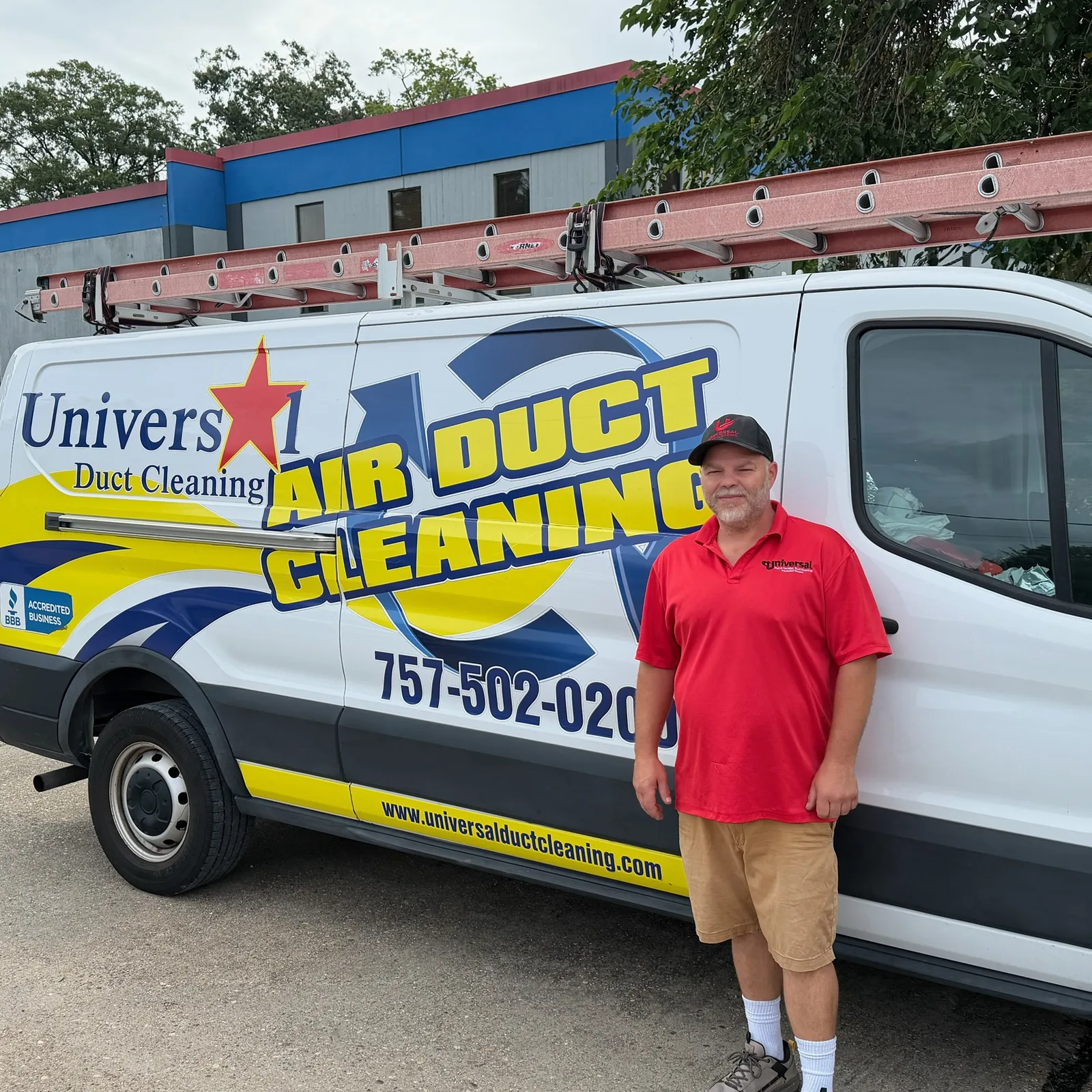 Universal Duct Cleaning air duct cleaning van and technician arriving for air duct cleaning in Virginia Beach and Hampton Roads, VA
