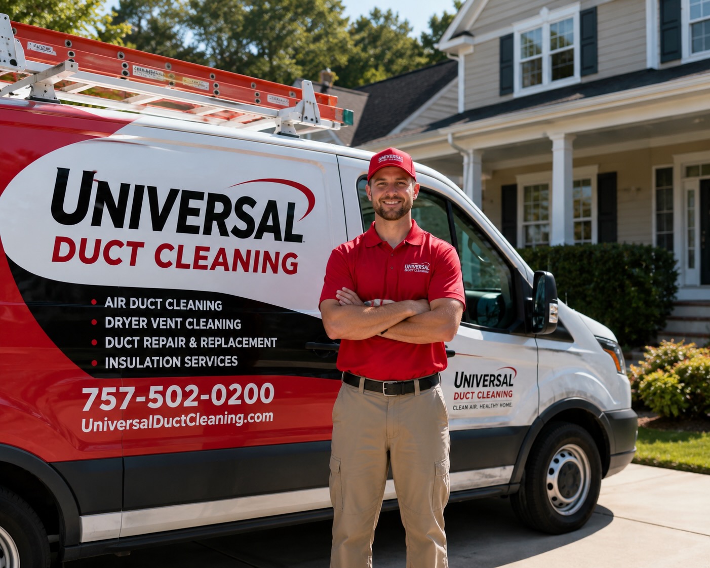 Jacob, a Universal Duct Cleaning lead technician, standing in front of his branded service van in Hampton Roads, Virginia