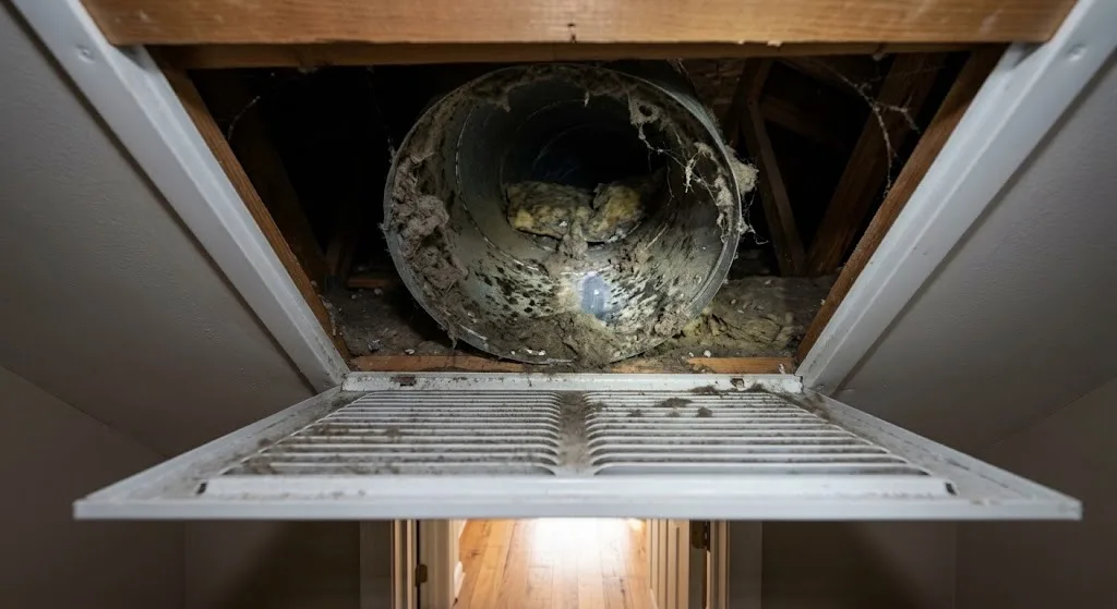 Before photo showing debris buildup inside a Chesapeake air duct line before cleaning and sanitizing