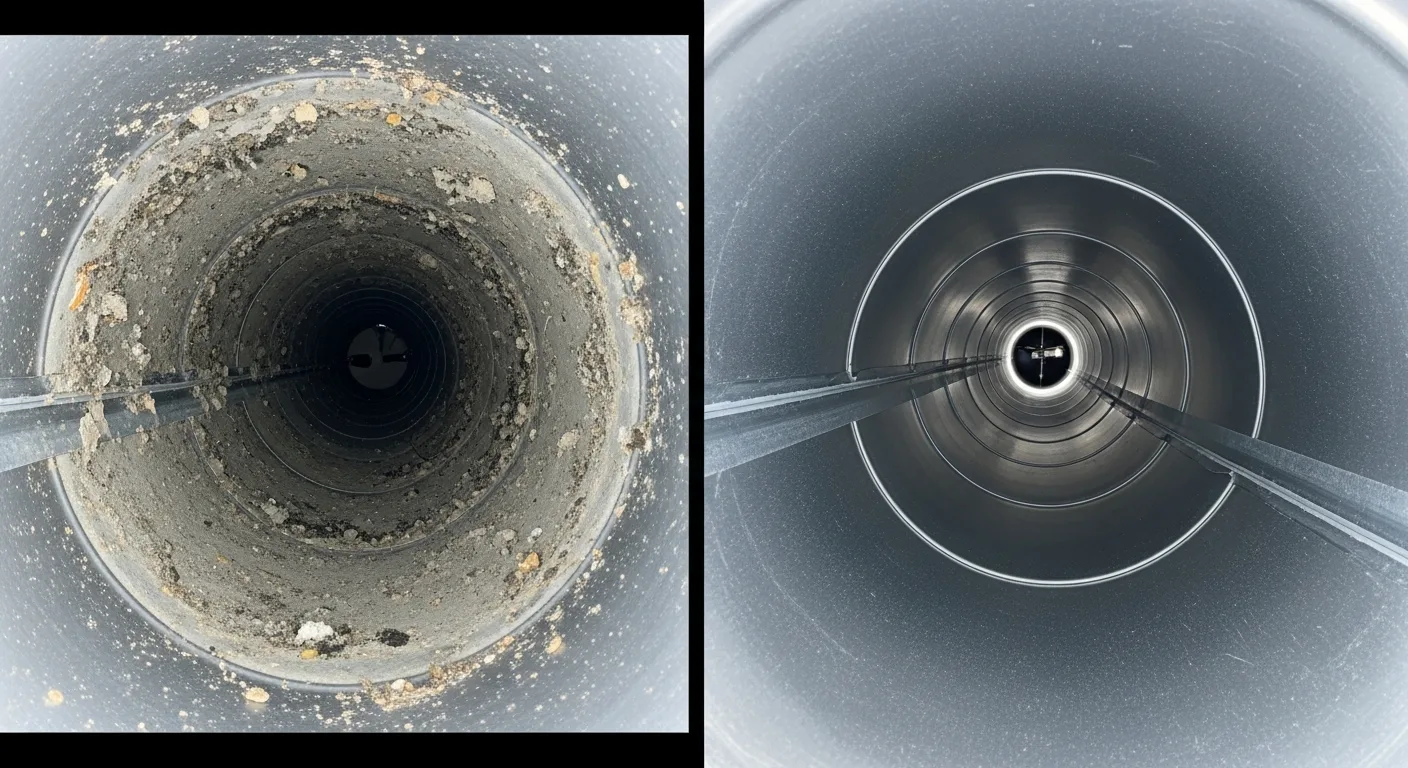Before-and-after air duct interior photos showing heavy buildup before cleaning and a clean duct interior afterward in Virginia Beach