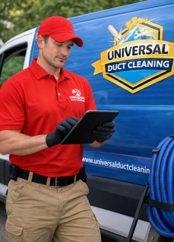 A duct cleaning technician wearing a red shirt reading a service ticket while standing in front of his service truck