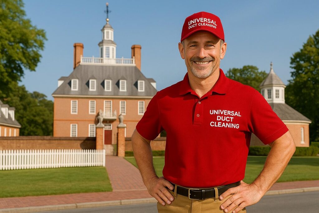 Universal Duct Cleaning technician standing in front of historical building