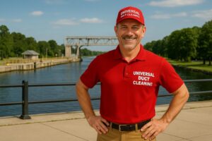 Duct cleaning technician wearing a red shirt, red hat and khaki pants