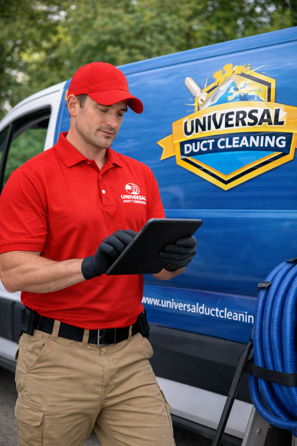 Universal Duct Cleaning technician arriving for a service call in Norfolk to improve indoor air quality for local families and military households.