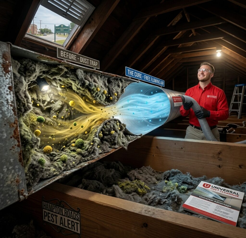 Side-by-side comparison of a 'Before' clogged air duct filled with thick dust and a 'Cured' clean duct with free-flowing air, featuring a Universal Duct Cleaning technician in a red uniform and the Universal Advantage brochure.