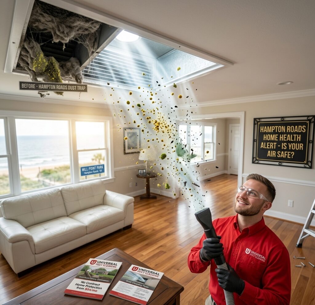 Universal Duct Cleaning technician in a red uniform using a high-powered vacuum to remove thick dust, pollen, and allergens from a residential HVAC vent in a Virginia Beach home.