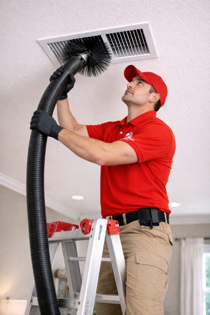 HVAC brush system removing dust and coastal debris from a Portsmouth air duct. High-performance agitation for a forensic clean.