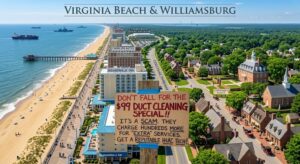 An aerial split view of Virginia Beach's coastline and historic Williamsburg, featuring a prominent cardboard sign warning against $99 duct cleaning scams and advising homeowners to hire reputable HVAC technicians