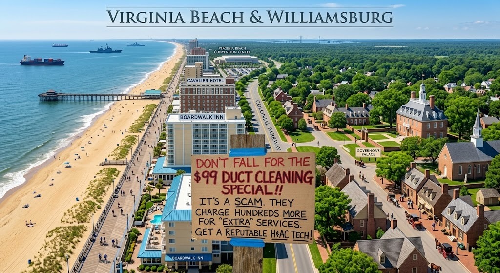 An aerial split view of Virginia Beach's coastline and historic Williamsburg, featuring a prominent cardboard sign warning against $99 duct cleaning scams and advising homeowners to hire reputable HVAC technicians