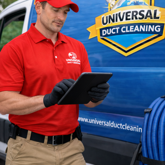 A duct cleaning technician wearing a red shirt reading a service ticket while standing in front of his service truck