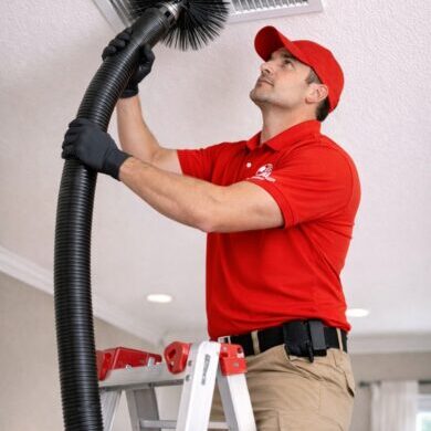 Professional air duct cleaning technician in a red uniform performing service for a home in Virginia Beach. Universal Duct Cleaning serves all of Hampton Roads with expert vent cleaning and maintenance.